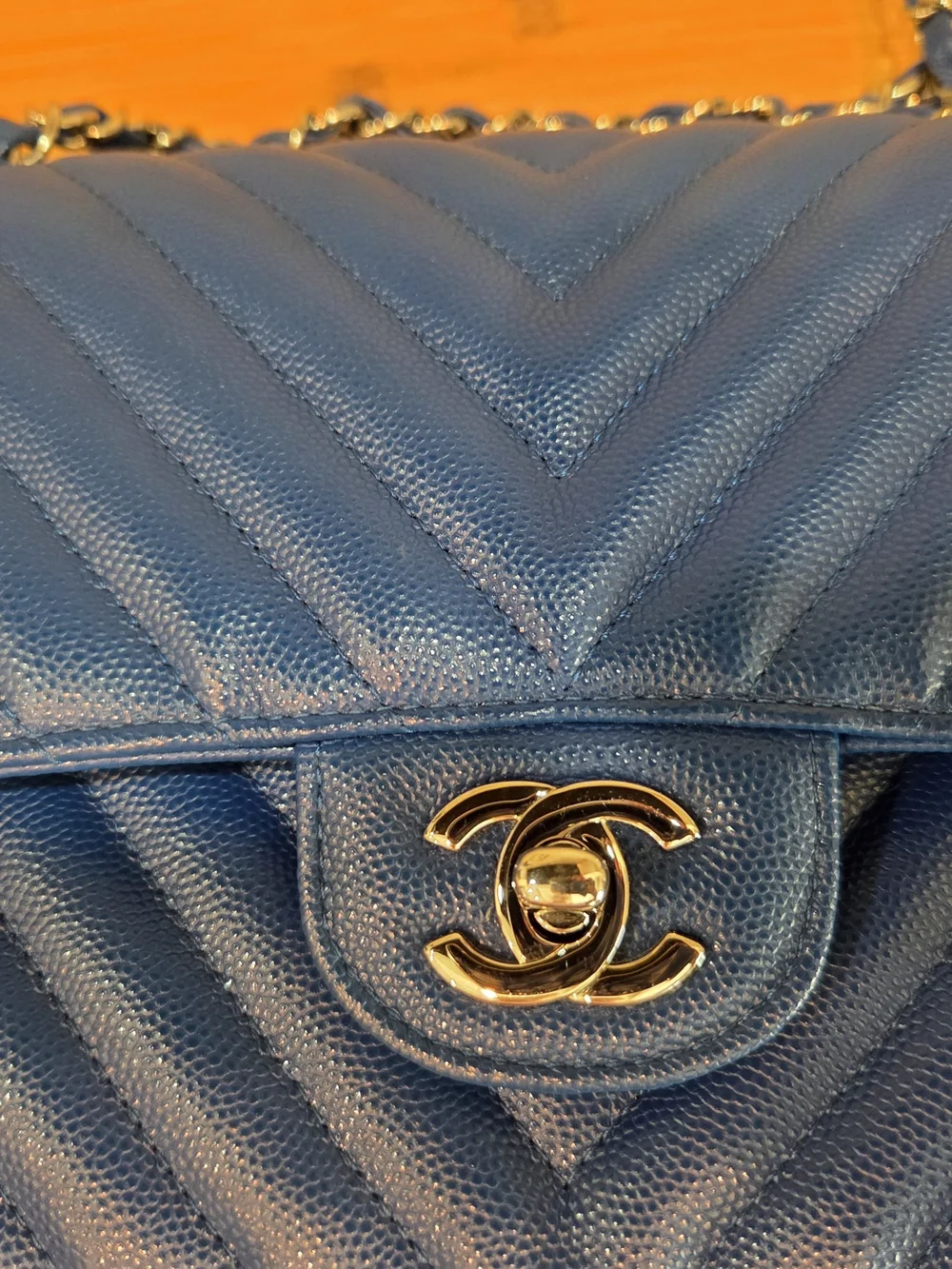 Chanel Chevron Caviar Leather Flap Bag in Navy Blue